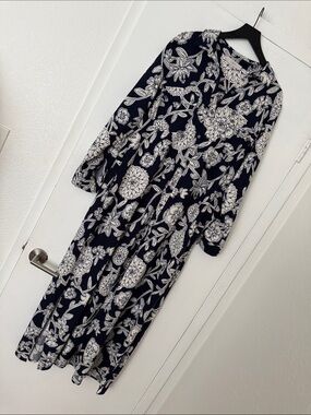 LOFT Navy Floral Button-Front Maxi Dress
